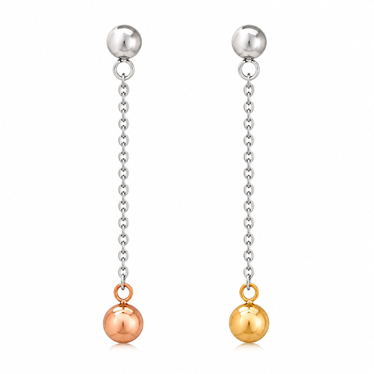 Orecchini asimmetrici Apple & Cherry con sfere oro e rosa su catene argentate