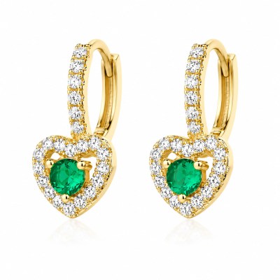 Orecchini in argento placcato oro con cerchietto e pendente a cuore nano emerald