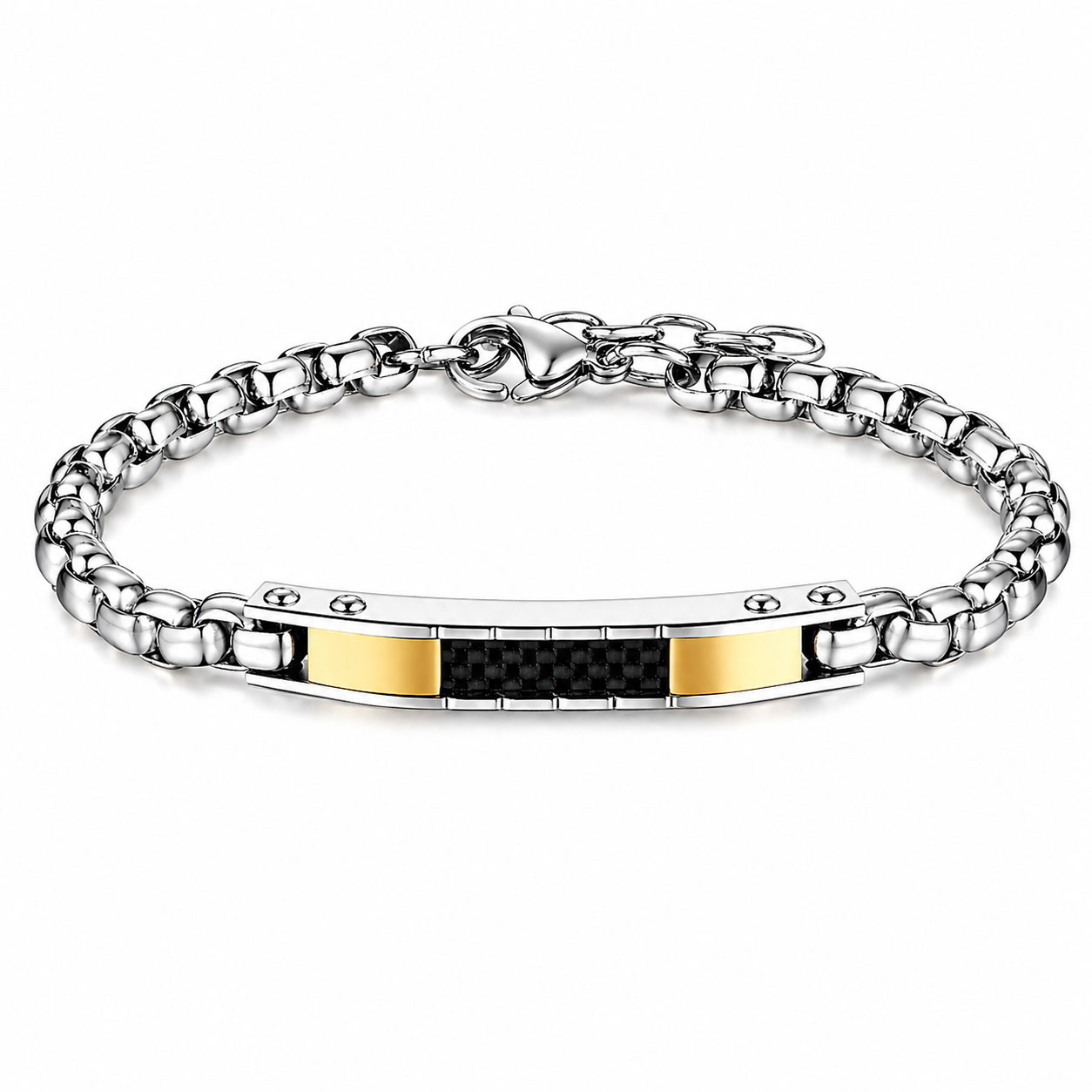 Bracciale Reiko in acciaio anallergico bianco e dorato con fibra di carbonio