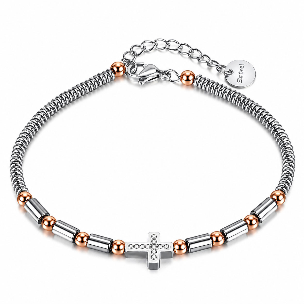 Bracciale Reiko in acciaio anallergico bianco con Hematite