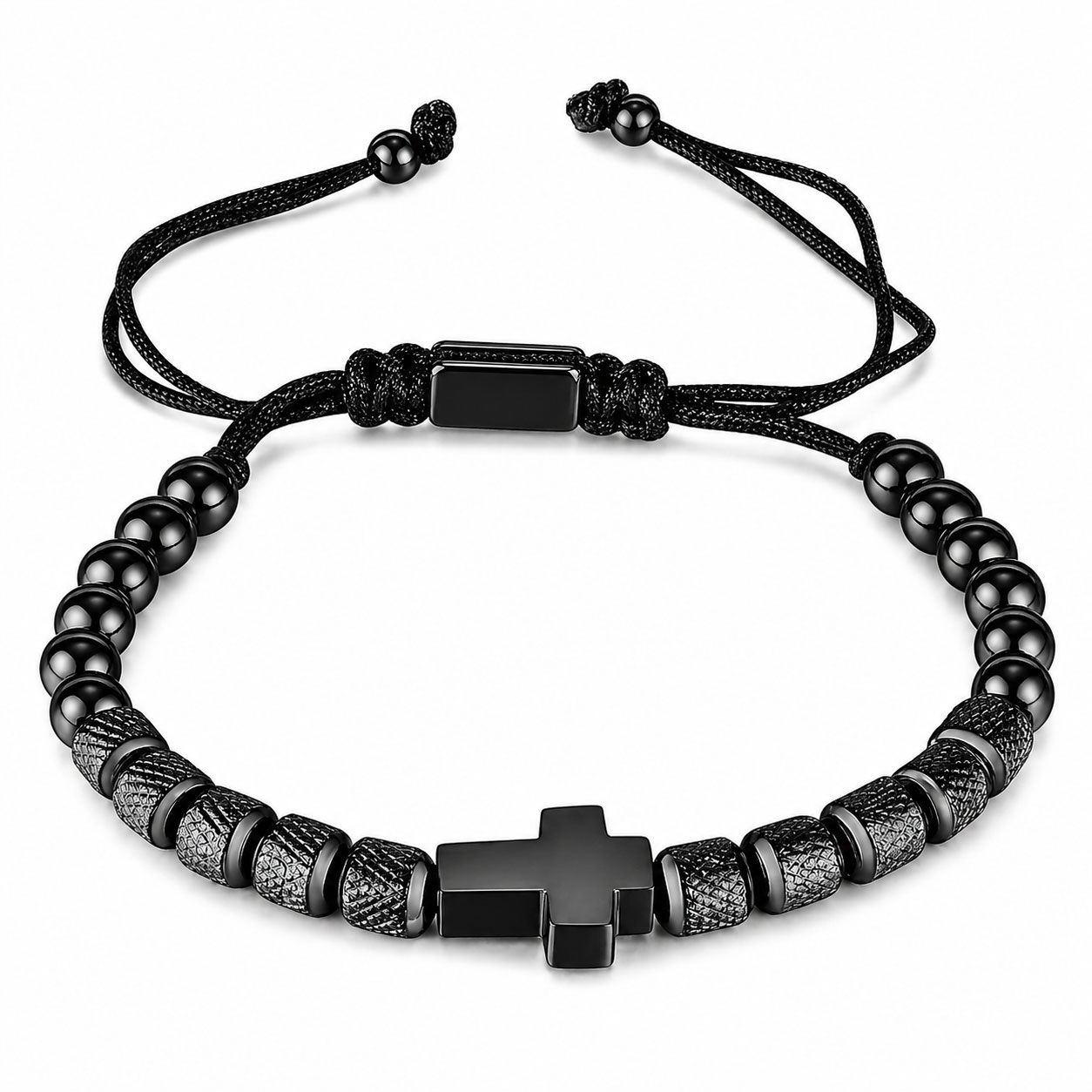 Bracciale Reiko da 32 cm in acciaio anallergico nero e corda