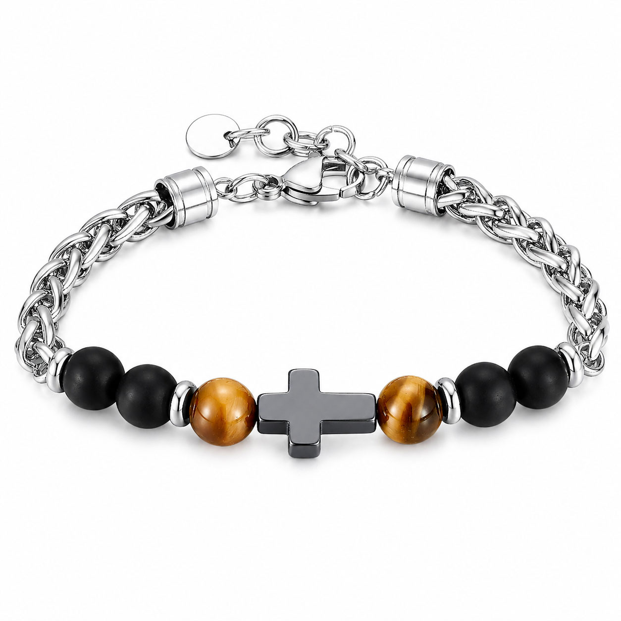 Bracciale Reiko in acciaio anallergico bianco con Yellow Tiger Eye e Black Agate