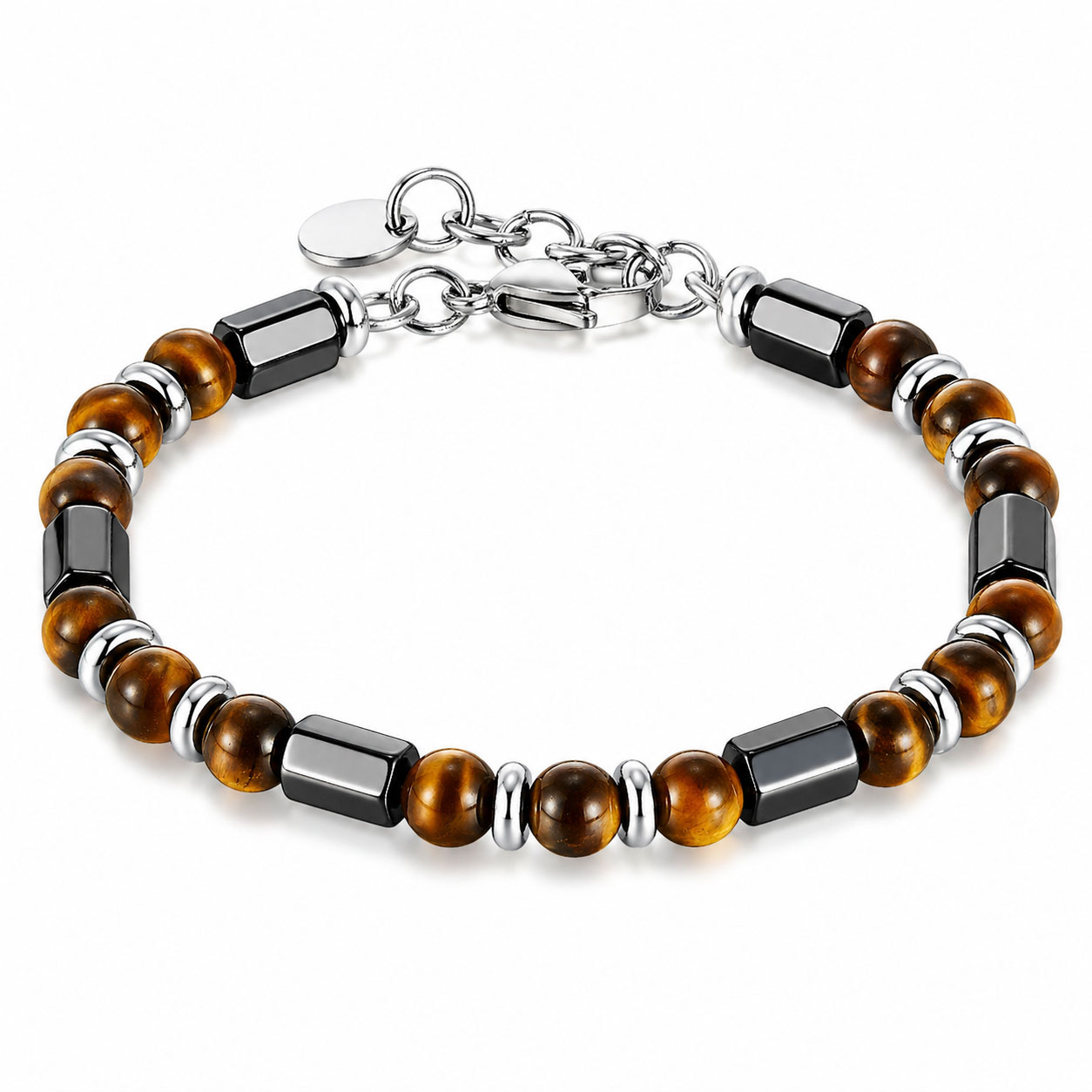 Bracciale Reiko in acciaio anallergico bianco con Yellow Tiger Eye ed Hematite