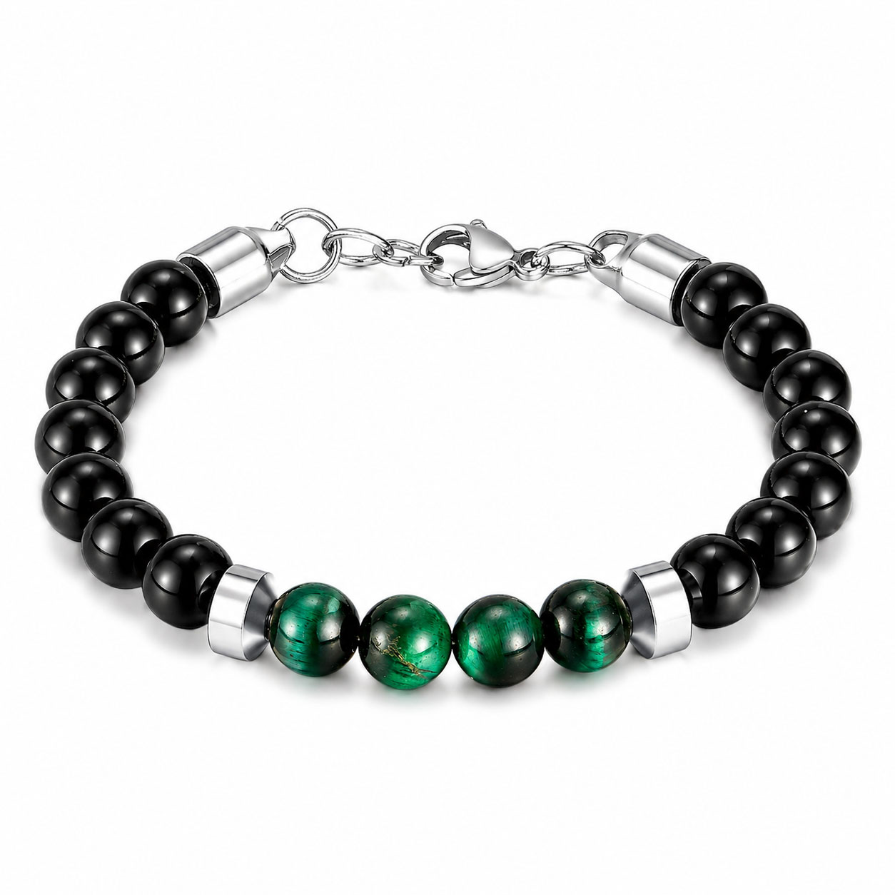 Bracciale Reiko da 20,5 cm in acciaio anallergico bianco con Green Tiger Eye e Glass Bead