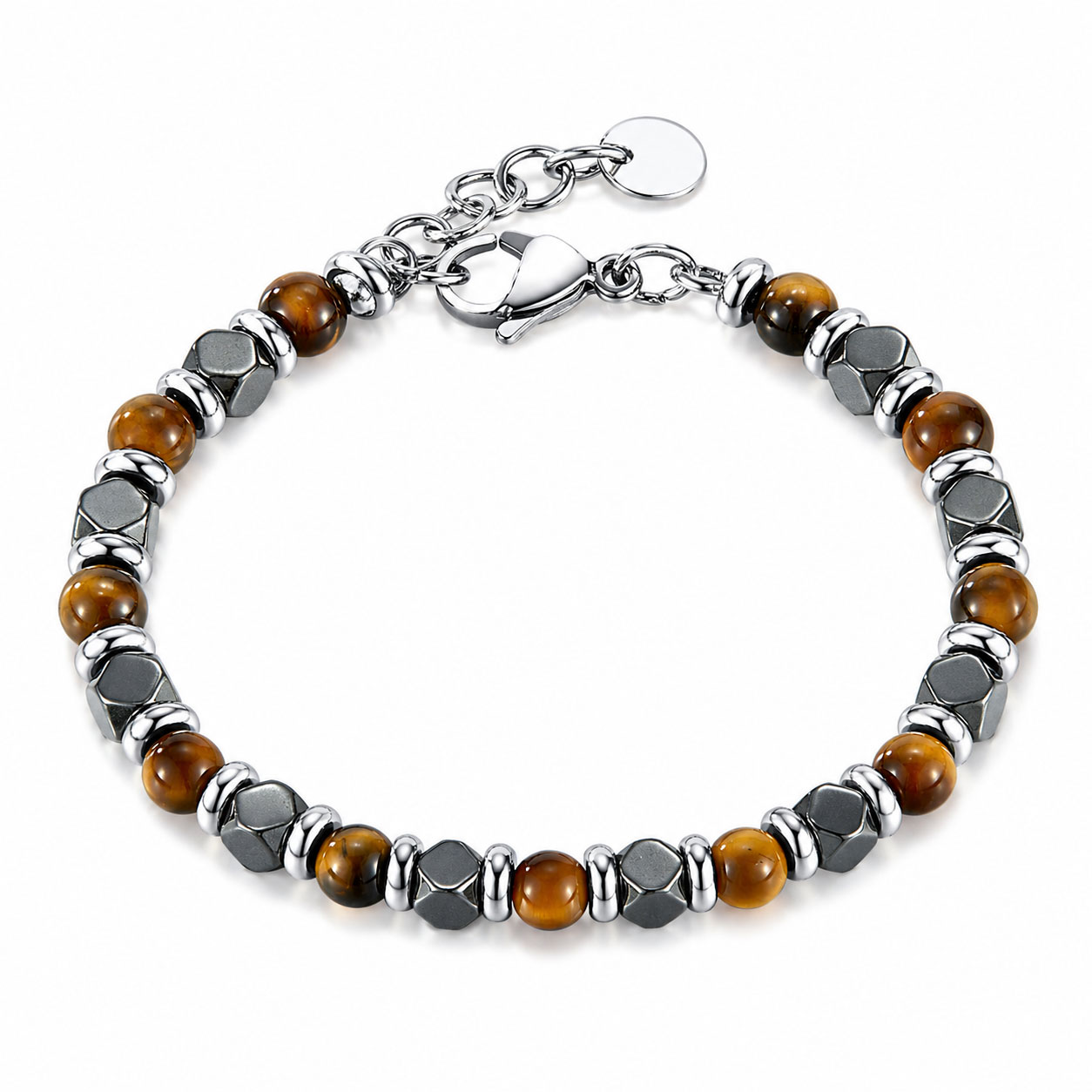 Bracciale Reiko in acciaio anallergico bianco con Yellow Tiger Eye ed Hematite
