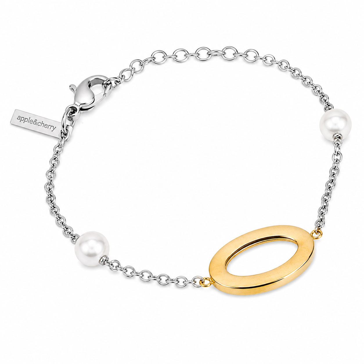 Bracciale Apple & Cherry con catena argento, perle bianche e cerchio centrale dorato