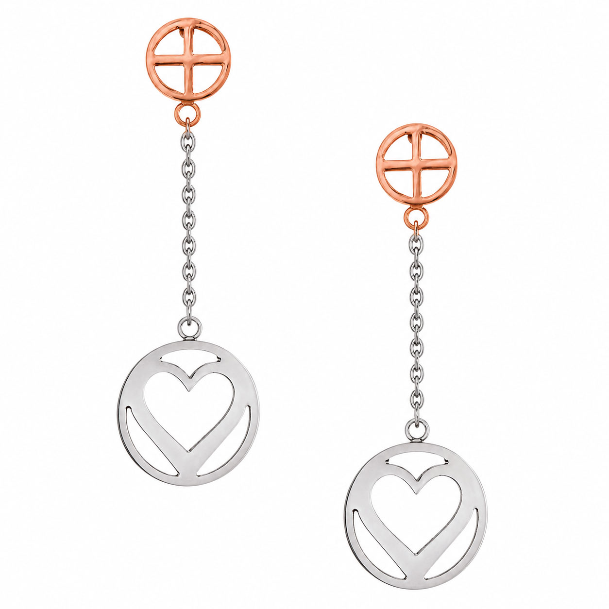 Orecchini pendenti Apple & Cherry in acciaio con cuore e cerchio argento e rosa