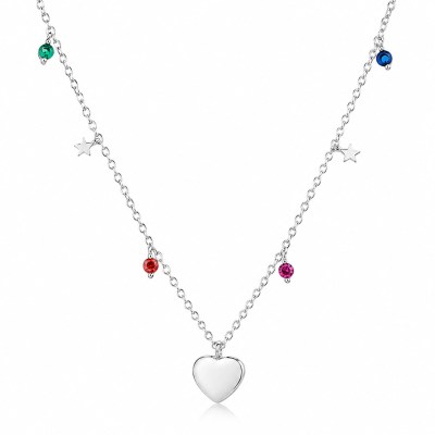 Collana in argento rodiato con pendente a cuore lucido e zirconi multicolor