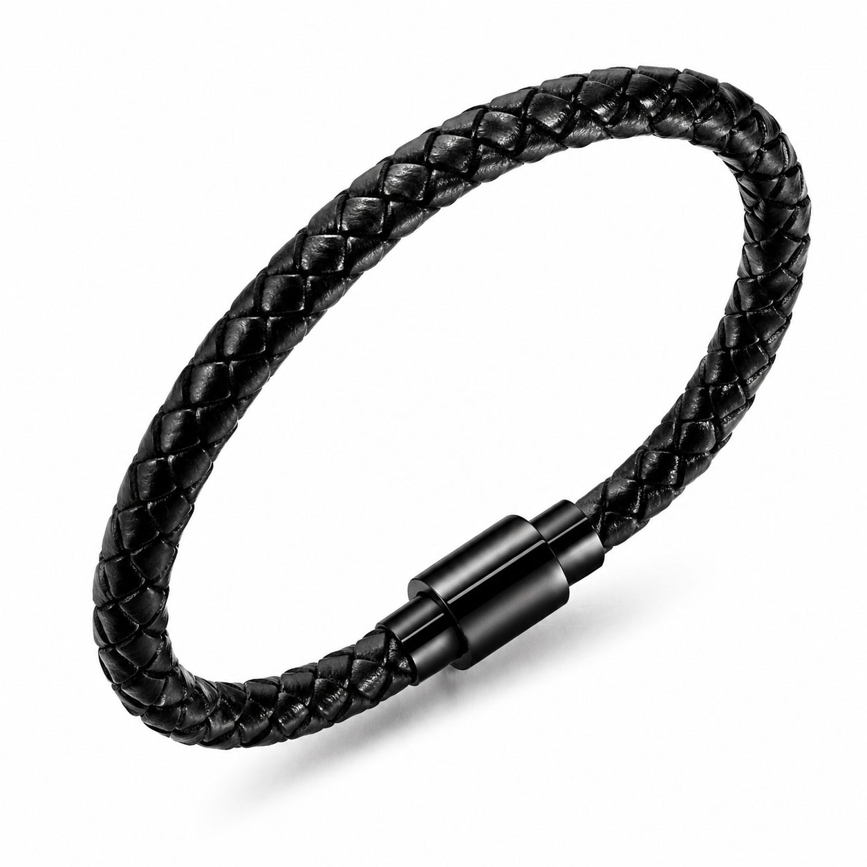 Bracciale Reiko da 21 cm in acciaio anallergico nero e pelle sintetica