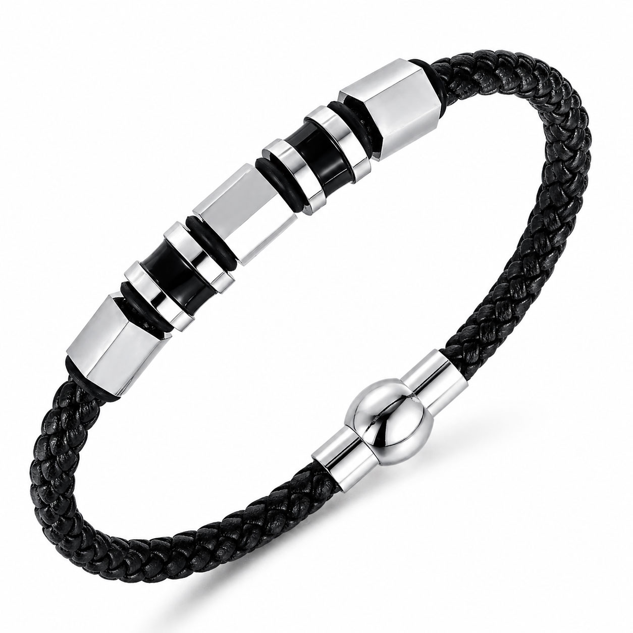 Bracciale Reiko da 21 cm in acciaio anallergico bianco e pelle sintetica in fibra
