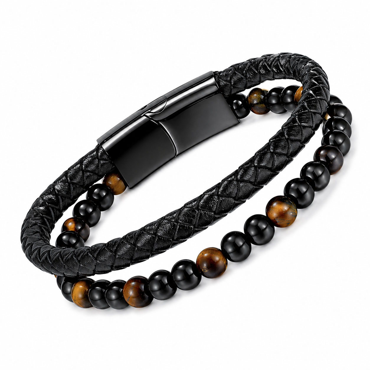 Bracciale da 21 cm in acciaio nero con Yellow Tiger Eye e Black Agate