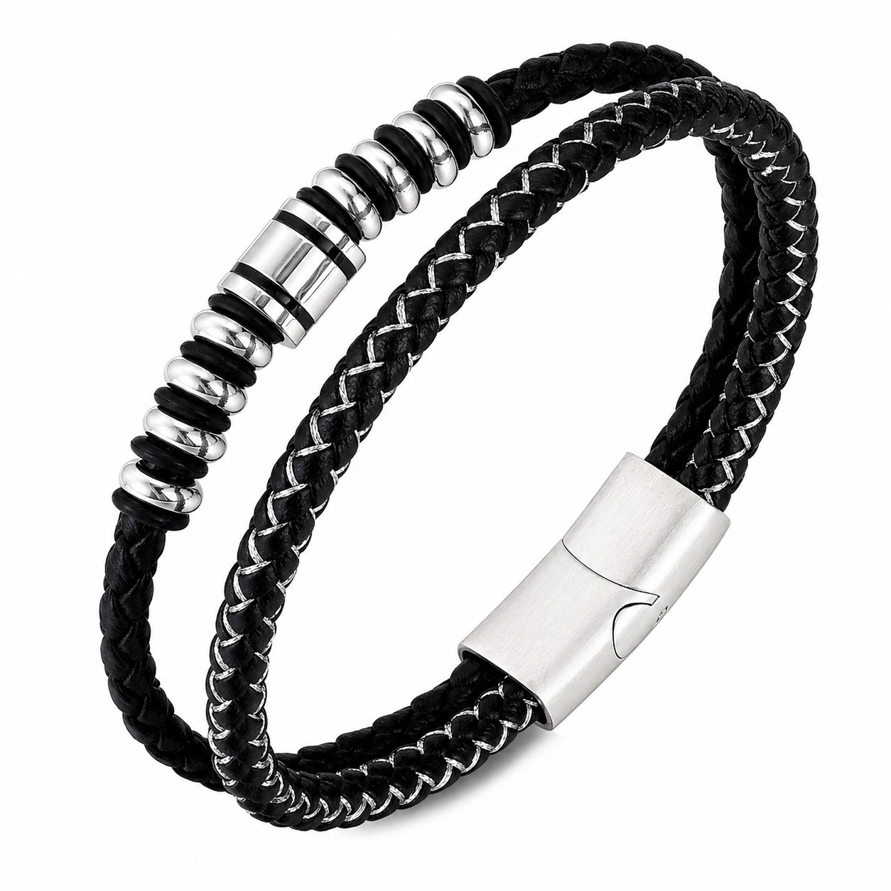 Bracciale Reiko da 21 cm in acciaio e pelle sintetica in fibra