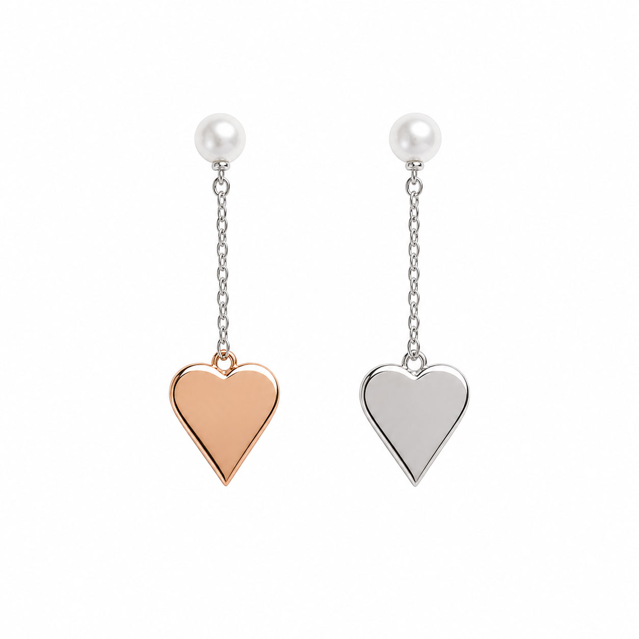 Orecchini pendenti Apple & Cherry in acciaio con cuori argento e rosa e perle FWP da 4,5 mm