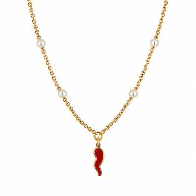 Collana I Gioielli di Sofia in argento dorato con perle coltivate e cornetto smaltato rosso