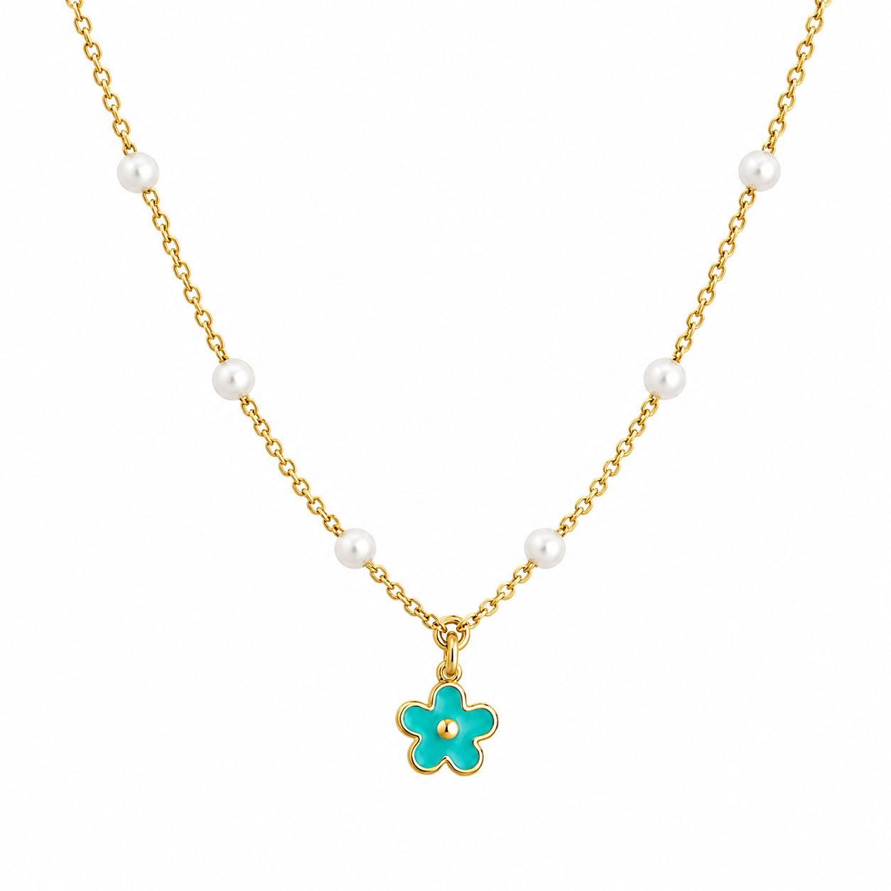 Collana I Gioielli di Sofia in argento dorato con perle coltivate e fiore smaltato blue-green