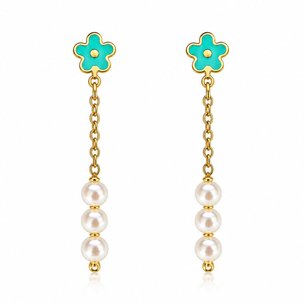Orecchini pendenti I Gioielli di Sofia in argento dorato con fiore blue-green e tre perle coltivate