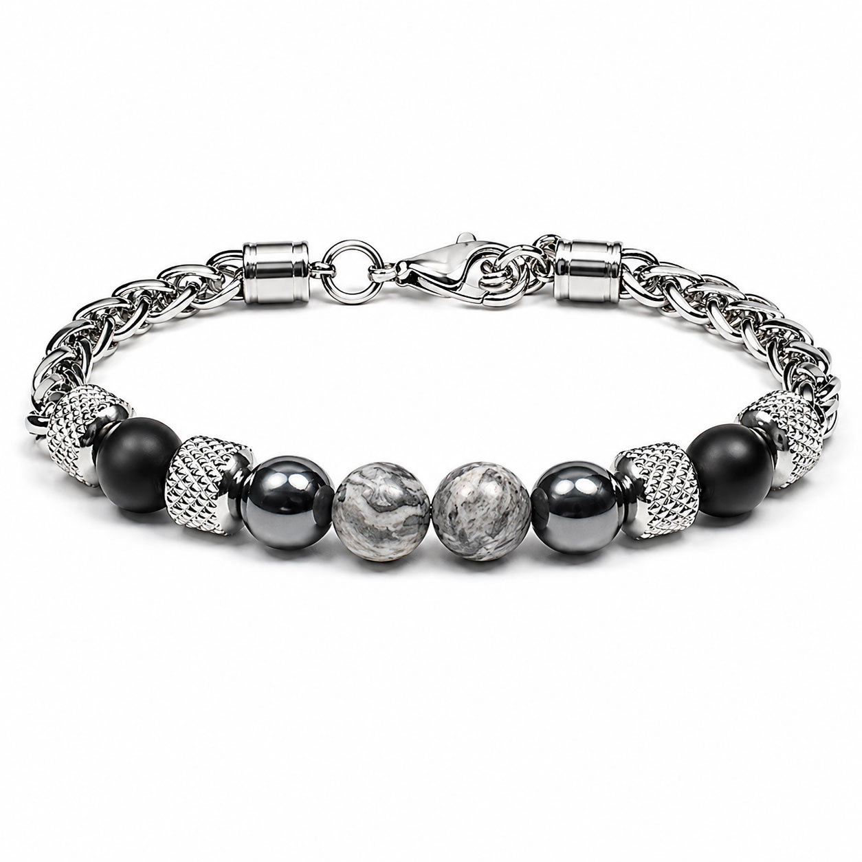 Bracciale Reiko in acciaio anallergico bianco con IronStone e Map Stone