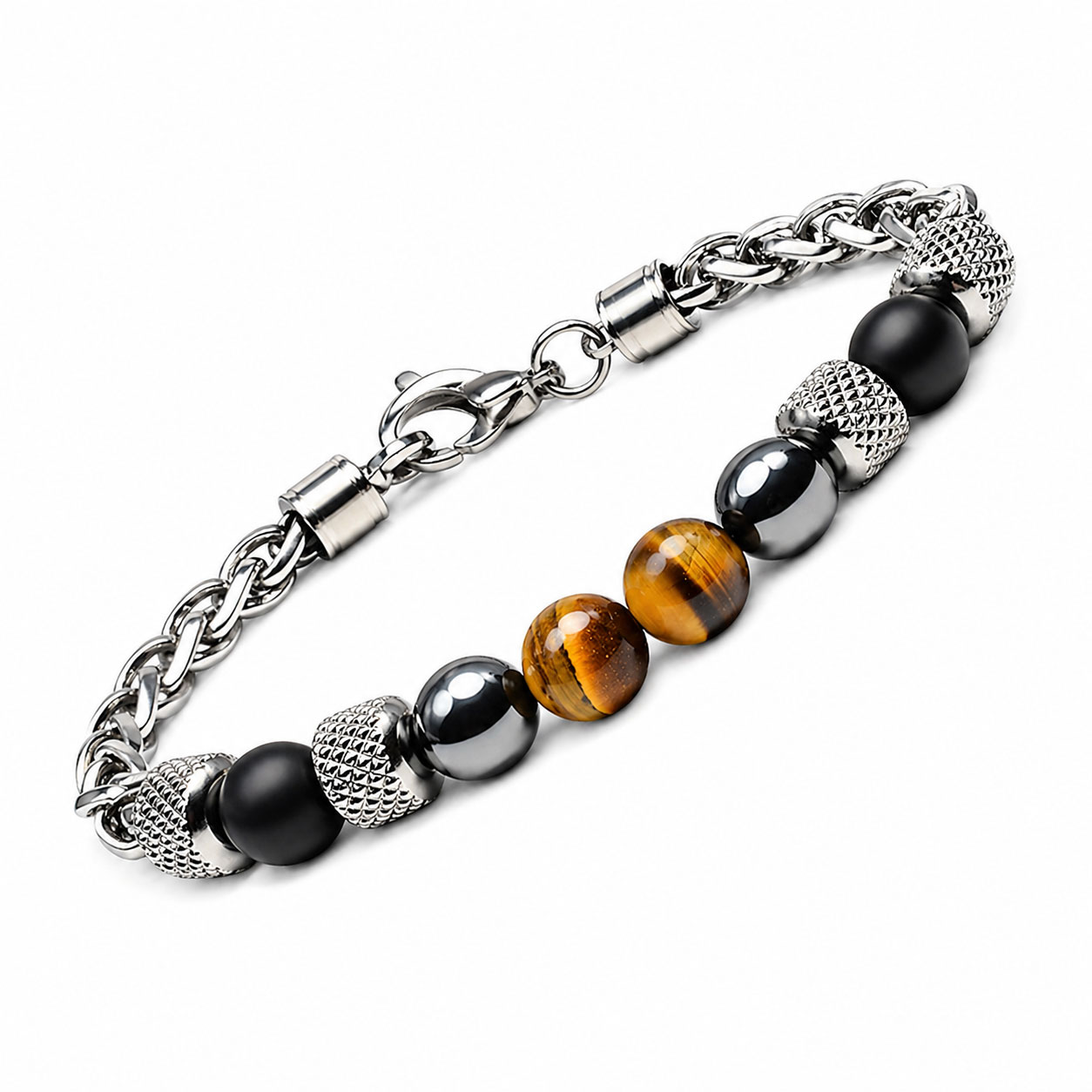 Bracciale Reiko in acciaio anallergico bianco con IronStone e Yellow Tiger Eye