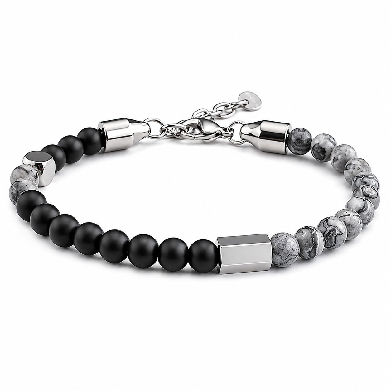 Bracciale Reiko in acciaio anallergico bianco con Black Matte Stone e Map Stone