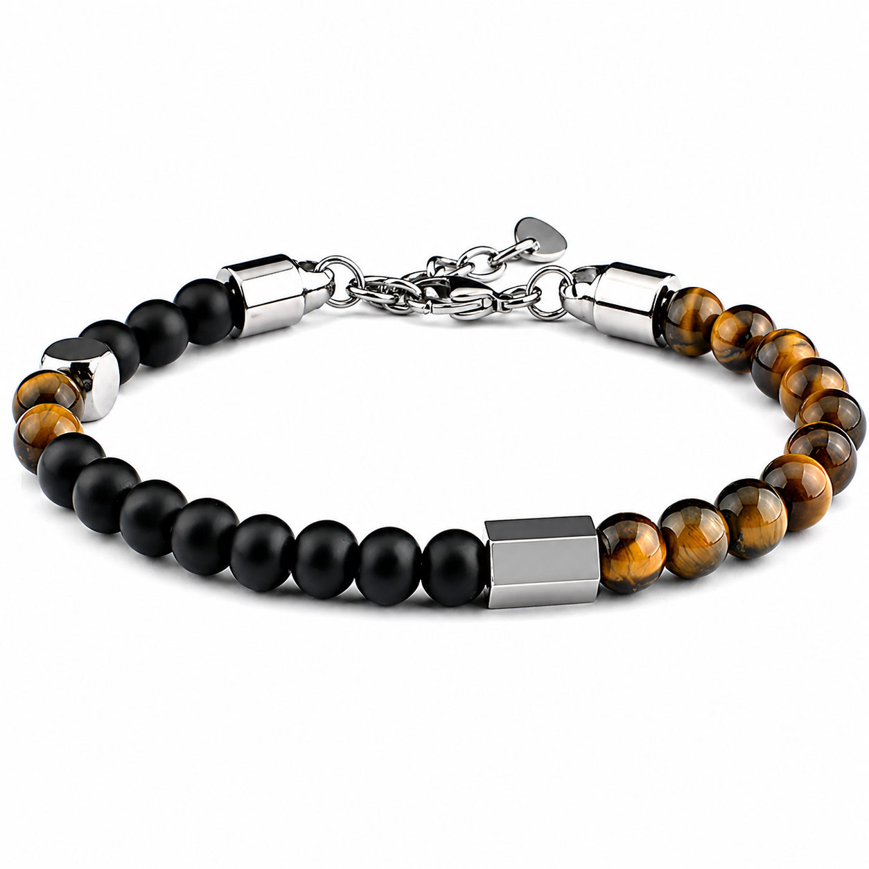 BracBracciale Reiko in acciaio anallergico bianco con Black Matte Stone e Yellow Tiger Eye