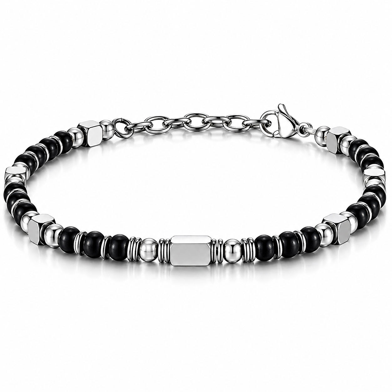 Bracciale Reiko in acciaio anallergico bianco con ossidiana