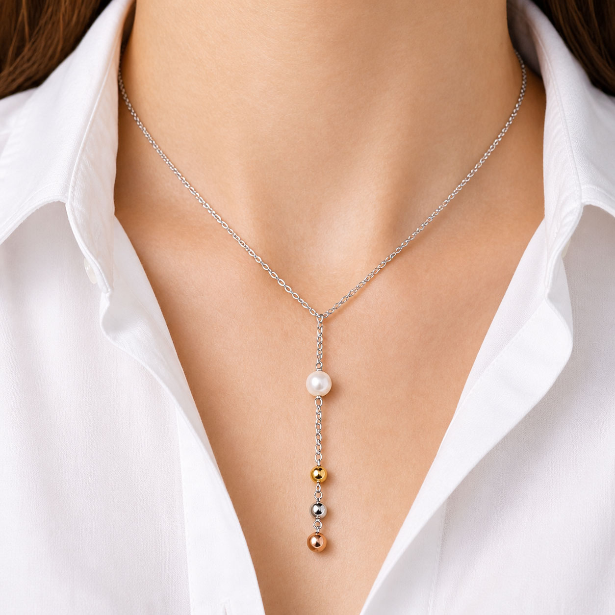 Collana Apple & Cherry in acciaio argentato con perla Fresh Water e pendenti PVD rosa e gialli